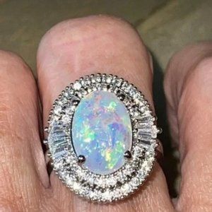 925 Sterling Oval Cut Fire Opal Halo Baguette Cubic Zirconia Statement Ring